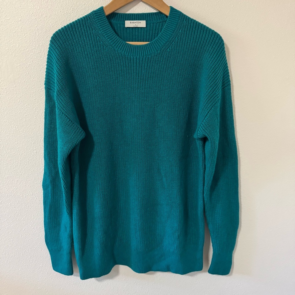 Aritzia Babaton Merino Wool Fernwood Sweater Teal Crew Chunky Fisherman Knit-S
